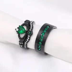 Lvrong 2 Rings His And Hers Couple Rings 1CT Heart Green Cz Rings Claddagh Ring Womens Wedding Ring Sets Titanium Steel Mens Wedding Bands