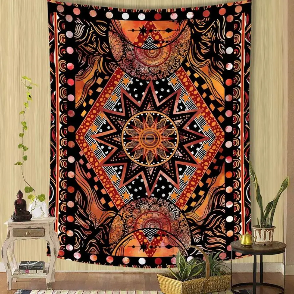 Orange Sun and Moon Tapestry Wall Hanging, Indie Hippie Mandala Cool Wall Tapestries, Aesthetic Tapestry for Bedroom Living Room Dorm Decor Table Decorative
