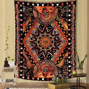Orange Sun and Moon Tapestry Wall Hanging, Indie Hippie Mandala Cool Wall Tapestries, Aesthetic Tapestry for Bedroom Living Room Dorm Decor Table Decorative