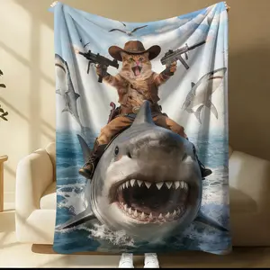 Funny Cowboy Cat Riding Shark Throw Blanket, Soft Fleece Novelty Blanket with Guns, Humorous Print Blanket for Sofa, Bed & Travel, Perfect Gift for Cat Lovers, Shark Fans & Meme Enthusiasts