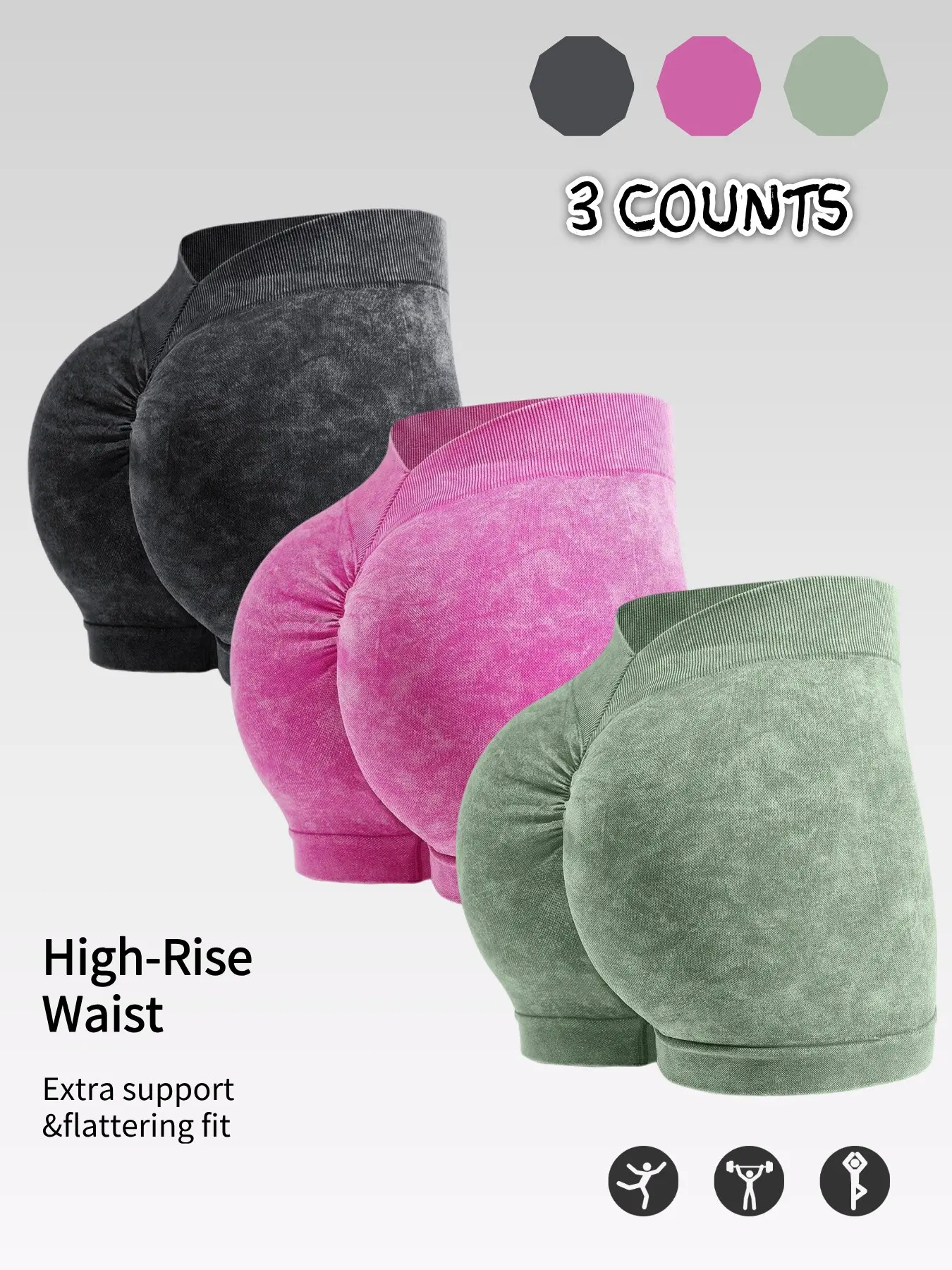 3 Pack V-Waist Scrunch Butt Yoga Shorts, High Waist Workout Biker Shorts, High Waisted Shorts