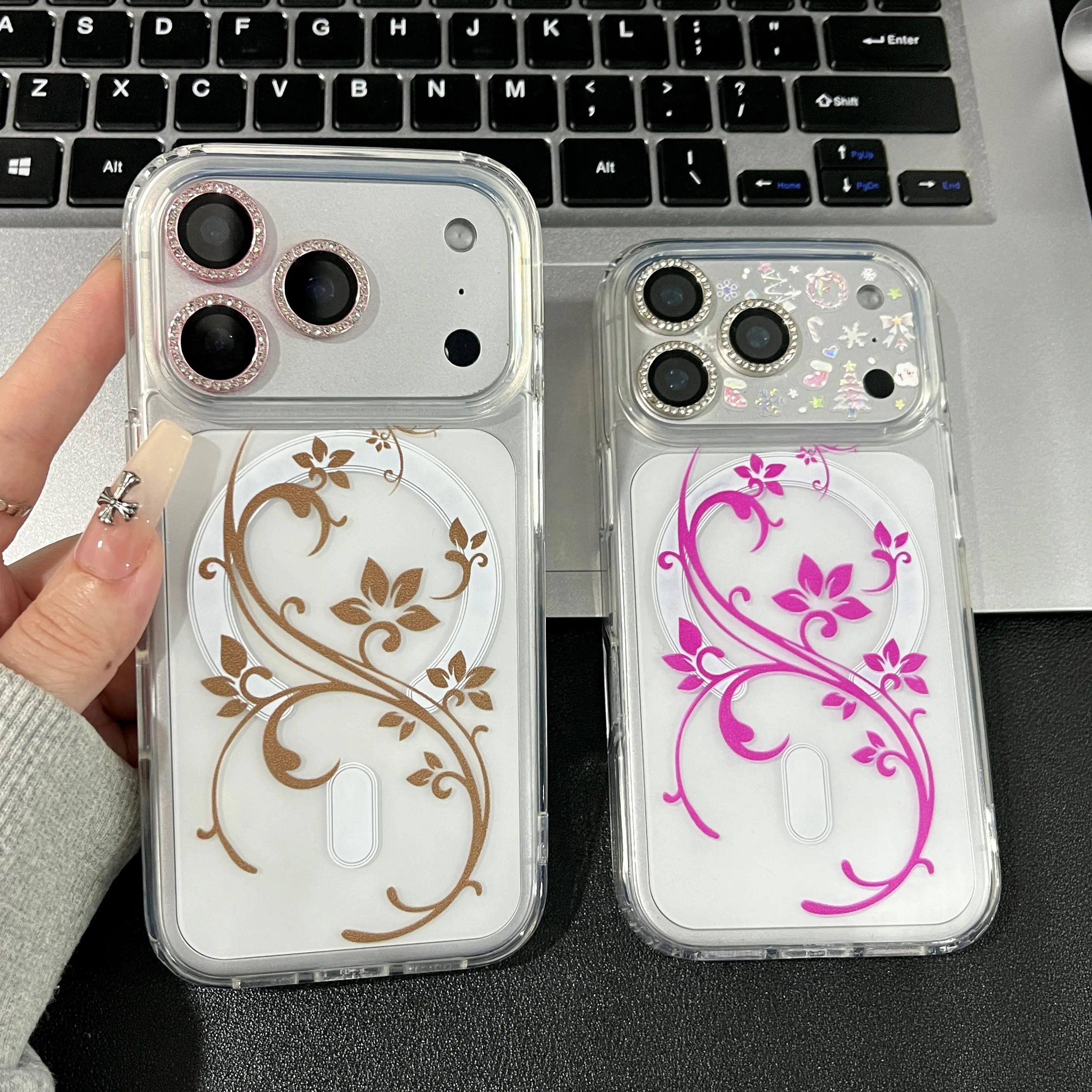 Lightweight transparent magnetic case; compatible with iPhone 17, 16 Pro Max, 16, 15 Plus, 14, and 13 series. Features a purple vine-floral pattern and acrylic construction; offers full-edge drop and shock protection—an excellent gift choice.