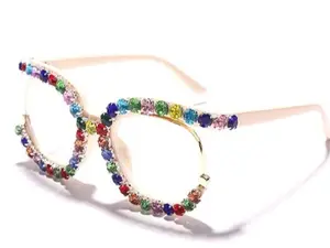 Beige Luxury Jeweled Anti Blue Eye Clear Frames Glasses