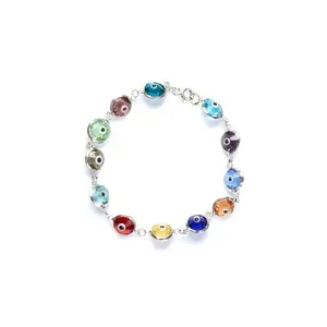 Solid 925 Sterling Silver 10MM Multi-Color Crystal Evil Eye Bracelet - 7.5"