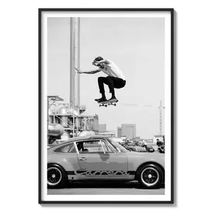 Unfame, Vintage Porsche 911 Carrera Wall Art, Skateboarding Wall Art, Skater Jump Over Car Poster, Black White Street Photography Print