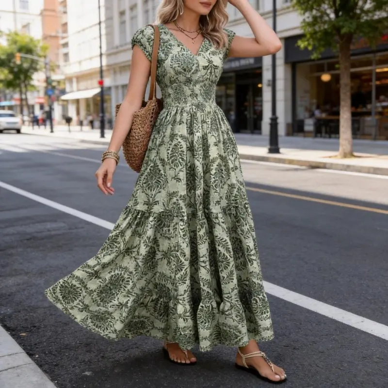 Women's Sparkly Vintage Print Bohemian V-Neck Short Sleeve Long Dress - 2026 New Arrival Casual Wear for Ladies Fitted Womenswear
