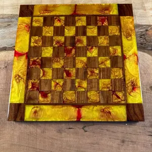 Red Lava Gold Cloud Walnut Chess Board (INCLUDES GLASS PIECES)