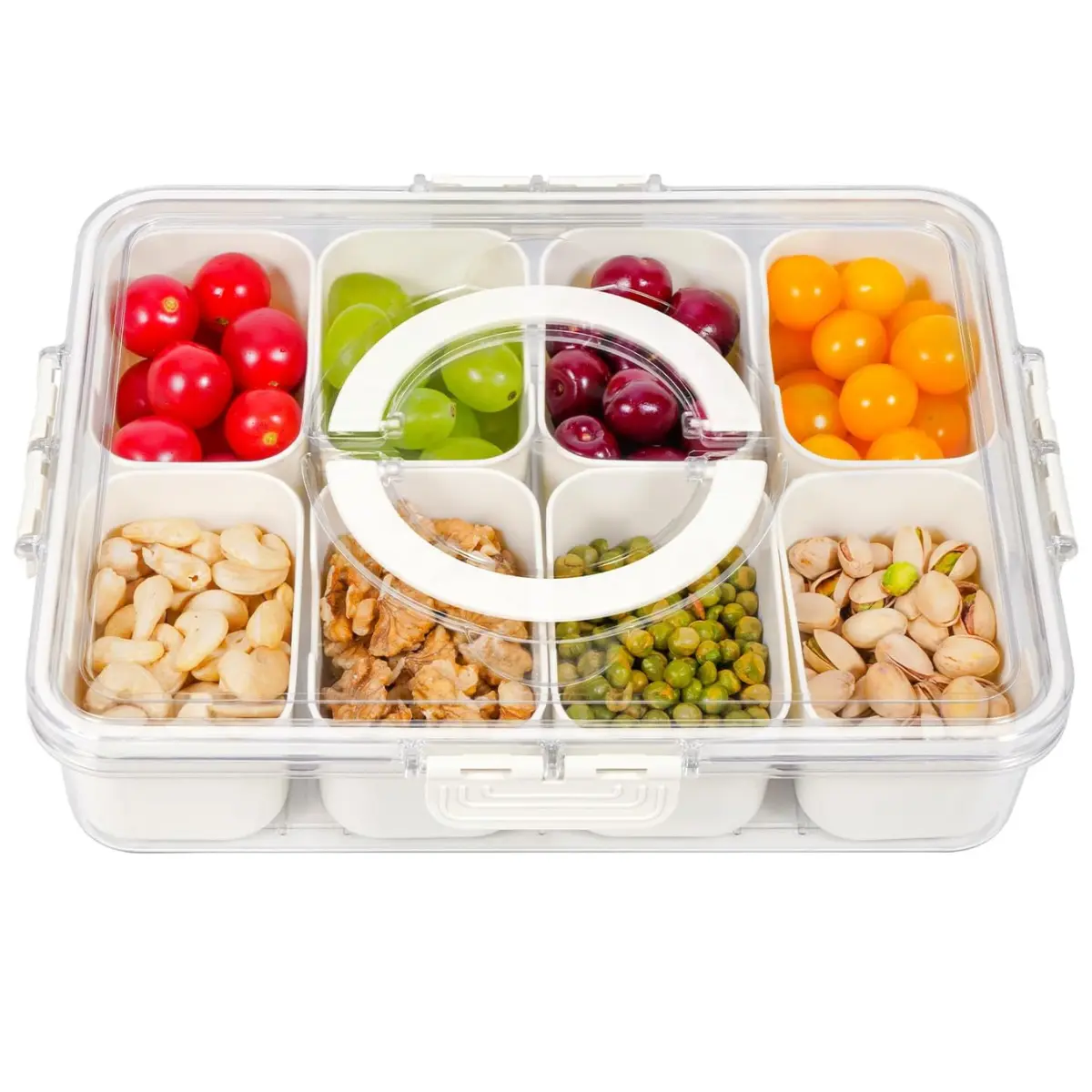 Divided Serving Tray with Lid and Handle, Snackle Box Charcuterie Container Portable for Snack Platters Reusable Clear Organizer 8 Compartments for Candy, Fruits, Nuts Perfect for Party Entertaining