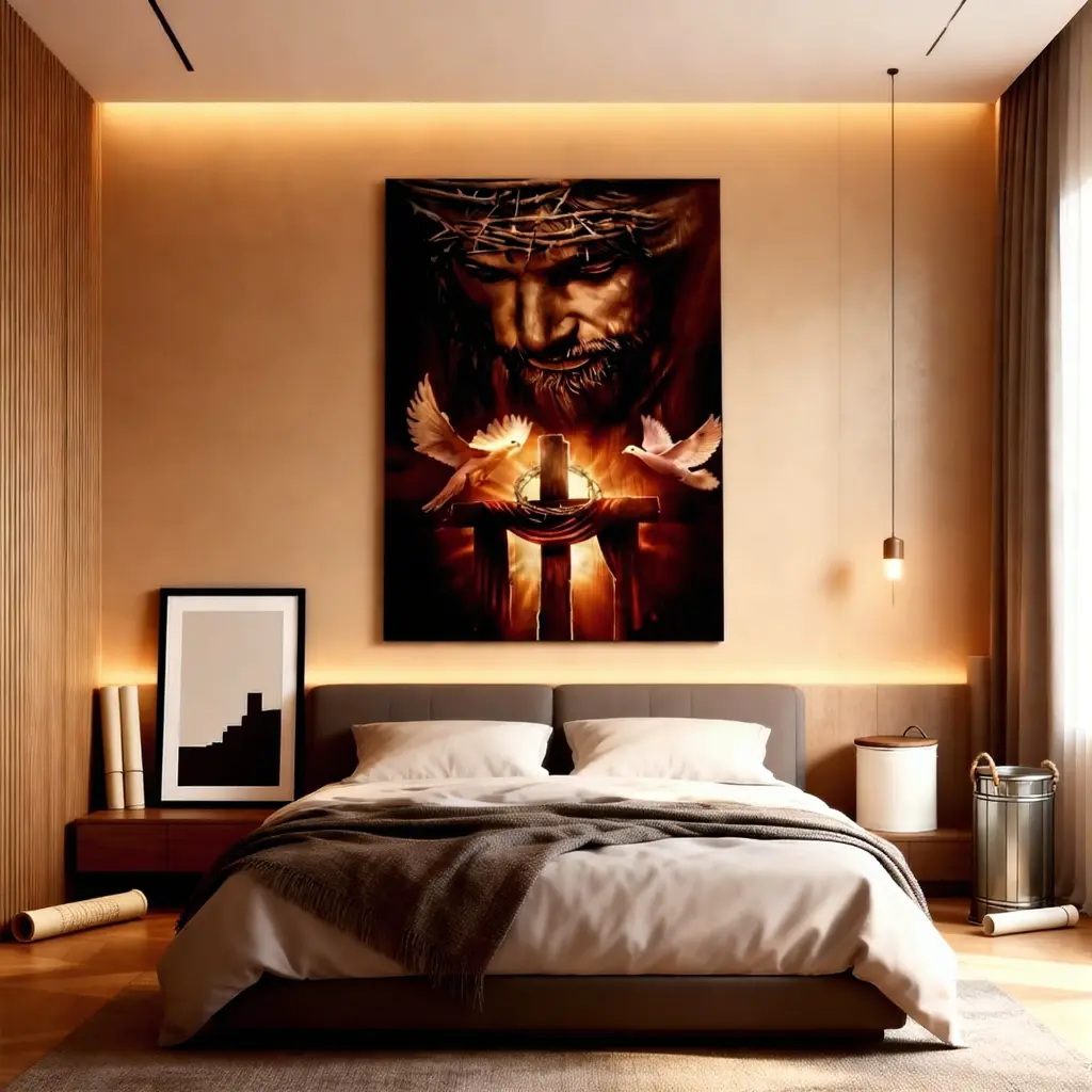 Waterproof Jesus Cross Wood Canvas Print - Artistic Western Wall Decor Hanging, Portable Easy-Install Home Decor Gift for Enthusiasts, Water Proof