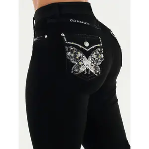 Plus Size Women'S Black Denim Flared Pants with Embroidered Butterfly & Beaded Detail - Vintage Style, Stretchy Fabric, Button Closure, Perfect for Night Out Casual Wear, Jeans | Detailing Fabric Cotton Womenswear Bottom Leg Trouser Skinny Slim