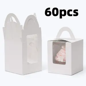 60pcs Cupcake Boxes Individual Disposable White Single Box with Window 3.6 * 3.6 * 4.3inch Cupcake Containers/Holders