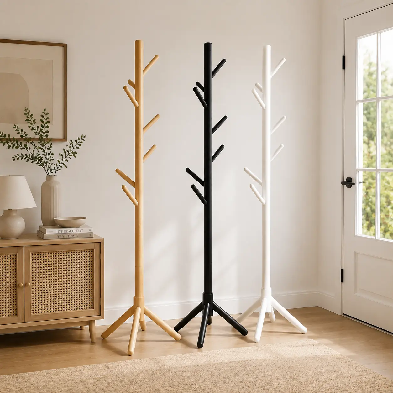 Modern Tree-Inspired Coat Rack in Natural, Black, and White Colors for Contemporary Home Decor