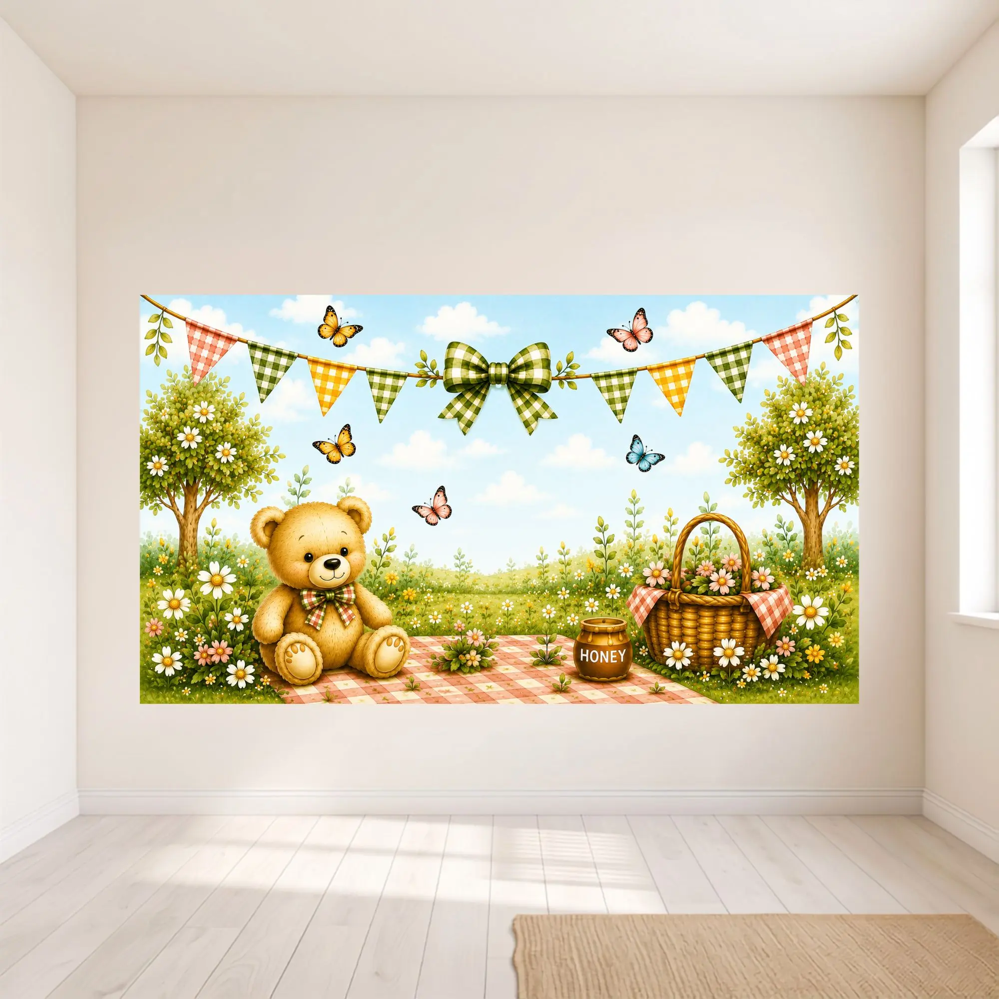 Picnic Teddy Bear Horizontal Backdrop - 4x8 ft Coroplast/Foam High-Print Party Decor, Indoor Outdoors Banner for Birthday Bash Home Supplies