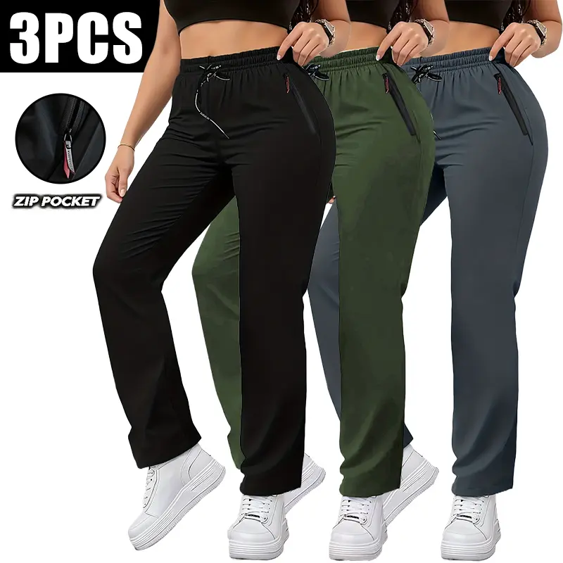 Clean Gent Women’s 3-Pack Lightweight, Breathable Casual Sports Pants — Trendy long pants with drawstring and zippered pockets, suitable for everyday outdoor wear, commuting, jogging, fitness, tennis, and more.