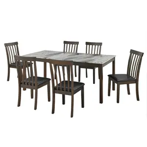 AMERLIFE 7-Piece Dining Table Set with 6 Chairs,Modern Solid Wood Dining Table Set with 6 Upholstered Chairs,71'' Marble kitchen table&Chair Set for 6 People,Marble&Brown