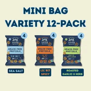 Mini Bag Variety 12-Pack: Grain-Free Pretzels - Sea Salt, Lil' Bit Spicy, Roasted Garlic & Herb, Gluten Free, Top 9 Allergen Free, Lunchbox Snack Crispy Savory Crunchy