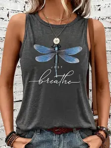 Women's Dragonfly Pattern Sleeveless Vest, Casual Elastic Round Neck Top, Breathable Fabric, Summer Fashion