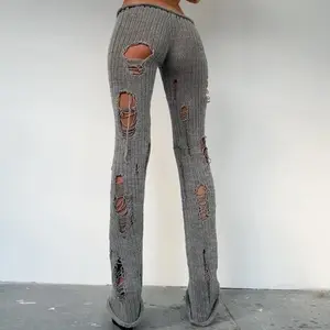 Women Fashion Hollow Out Holes Knitted Slim Pants Fashion Sexy Low Waist Hottie Streetwear Trousers Night Clubwear Bottoms
