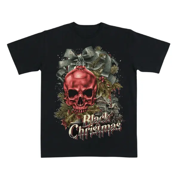 Dark Christmas Skull Ornament Graphic T-Shirt, Vintage Gothic Holiday Horror Tee for Men and Women, Spooky Winter Party and Christmas Gift