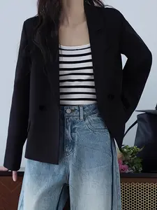 Women's Loose Fit Blazer, Casual Notched Lapel Double Button Jacket, Elegant Office Business Casual Suit Coat, Versatile Daily Wear Outerwear