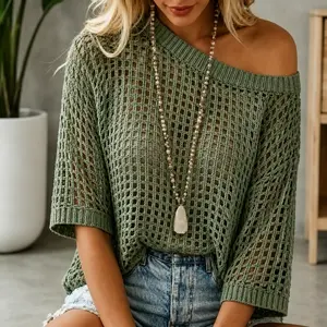 Women's Crochet Knit Hollow Out Slouchy Sweater Loose Fit Drop Shoulder Crop Top Casual Beach Cover Up