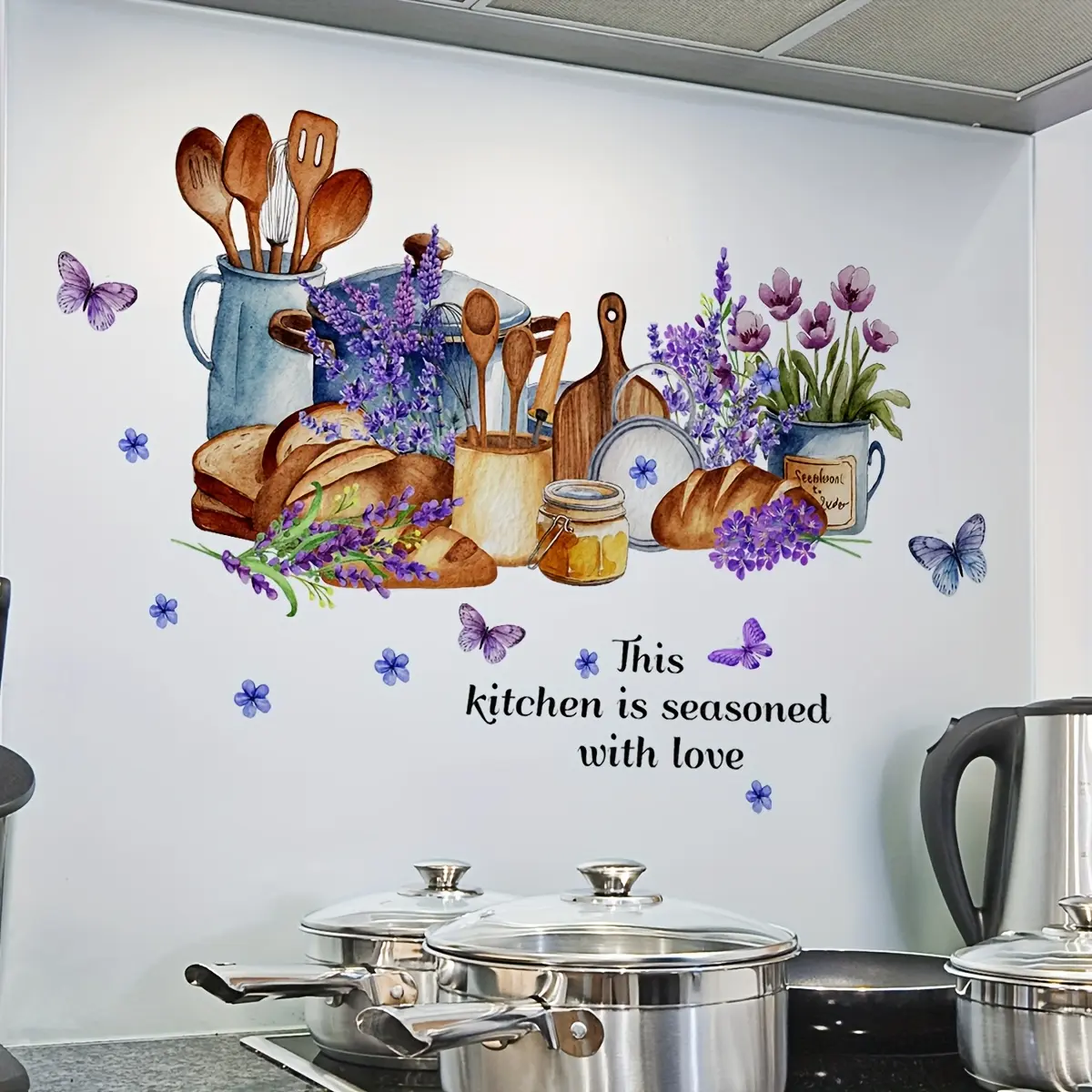 A new-style kitchen wall sticker full of love, featuring kitchen utensils, bread, and flowers - a multi-scene decorative home wall sticker M16613 Decorative Decal Cute Wall Decor Decoration Sticker Decoration Items