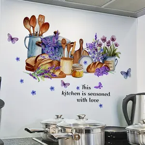 A new-style kitchen wall sticker full of love, featuring kitchen utensils, bread, and flowers - a multi-scene decorative home wall sticker M16613 Decorative Decal