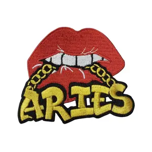 Patch Party Club, 1-pc, Poppin' Red Lip "Aries" w/Gold Metallic Chain, Iron-On Embroidered Patch, Astrology Zodiac Patch, DIY Patch for Jackets & Hats, Size 4"