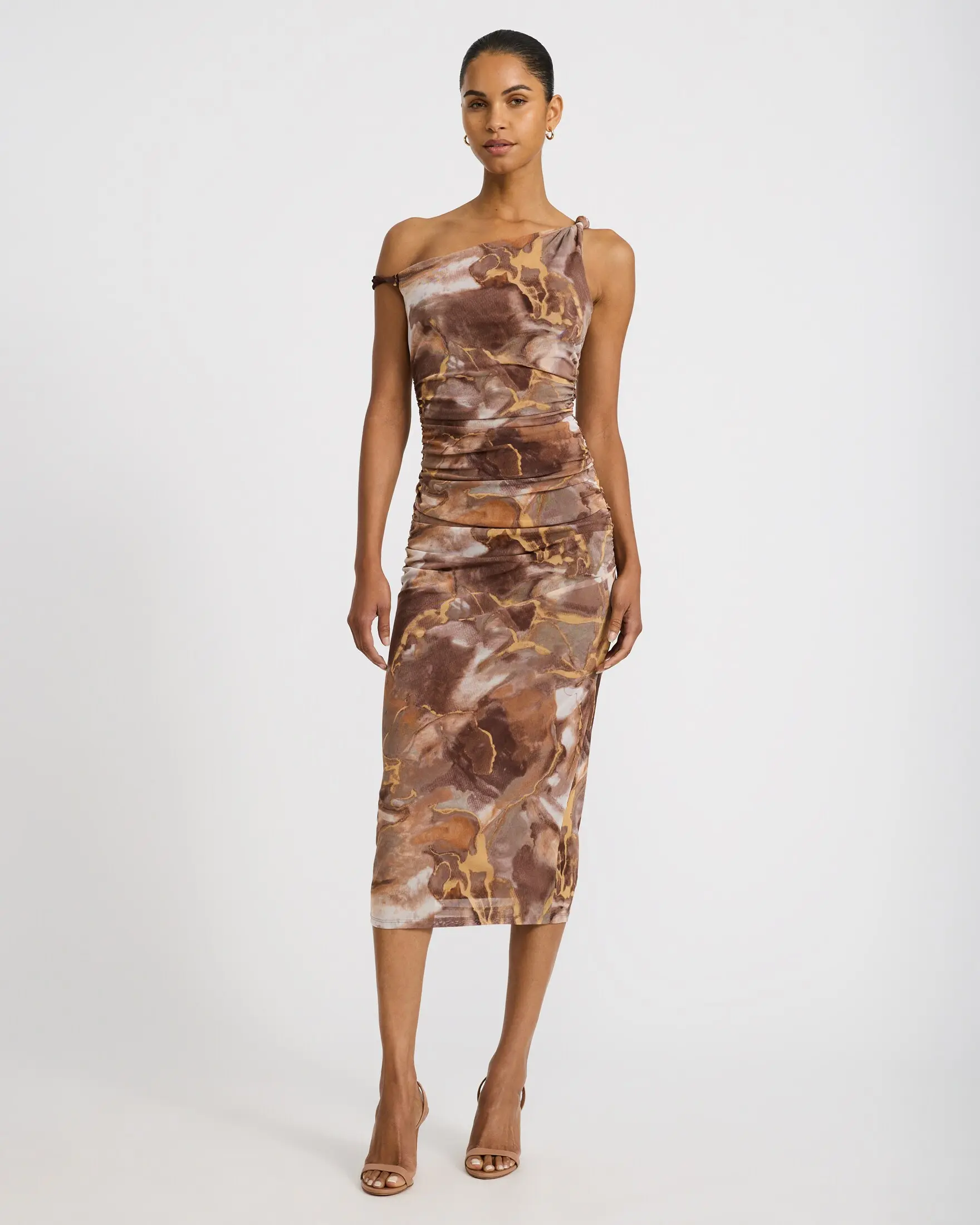 Express Mesh Printed Asymmetrical Off The Shoulder Midi Dress