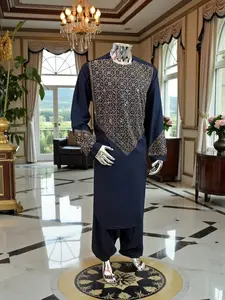 XL Navy Blue Afghan Men’s Kameez 2-Piece Set with High-Quality Gold Shesha Embroidery