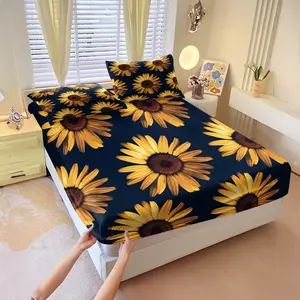 3Pcs Vibrant Sunflower Pattern Fitted Sheet Set, Modern Floral Digital Print Bedding Set, Soft and Cozy Microfiber Bedspreads, Ideal for Brightening Up Your Bedroom and Creating a Contemporary Ambiance, Includes 2 Pillowcases, No Pillow Core