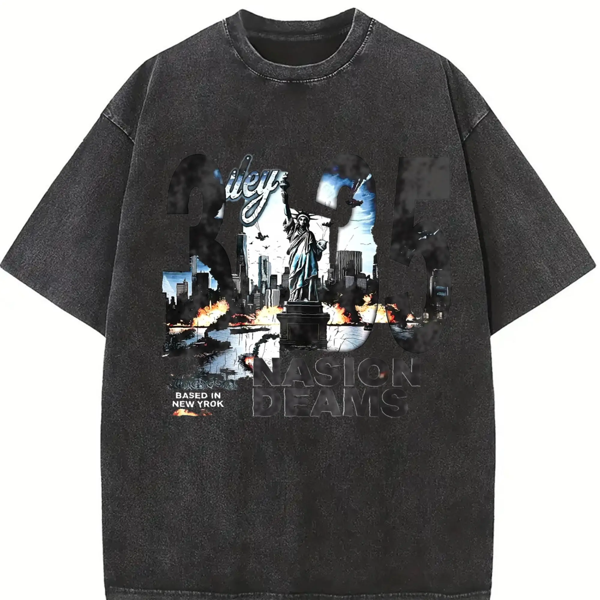 Valley Dreams Statue Of Liberty City 3035Text Men's 230g Combed Washed Cotton T-Shirt, Street Short-Sleeve Top, American Dark Retro Style Apparel