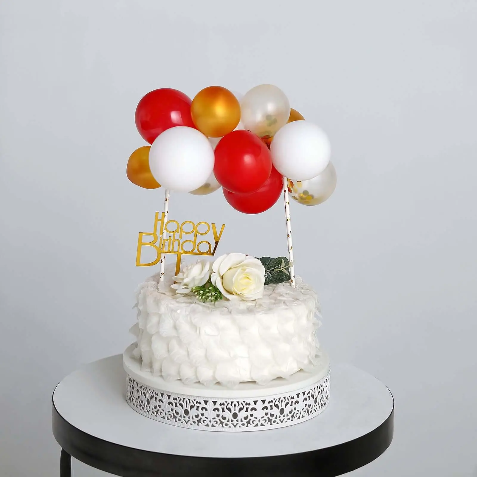14 Pcs Balloon Cake Topper Clear, Gold, Red and White - Whimsical Clustered Mini Garland Cake Inserts DIY Party Decorations
