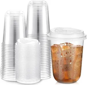 20Pack 16 Oz Iced Coffee  With Lids,Clear Plastic  With Strawless Sip Lids,Round Bottom To Go  For Iced Coffee Juice Smoothie Cold Beverage cups