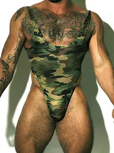 Men's Camouflage Jumpsuit Sexy Muscle Man Stage Performance, Men's Innerwear Tank Top One-Piece Costume E777