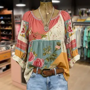 Cherrybetty 100%Cotton Retro Mixed Floral Print V-Neck Three Quater Sleeve Top Plus Size Fashion Blouse Shirts Spring Tops Cute Tops For Women Women's Summer Outfits