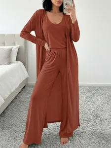 ZANZEA Women's Elastic Plain 3-Piece Outfit - Soft Lounge Sets Casual Open-Front Long-Sleeve Outerwear, Sleeveless Top, Wide-Leg Pants - Womenswear Suits for Daily Wear, Matching Outfits