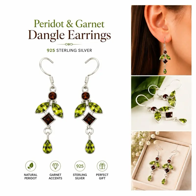 925 Sterling Silver Peridot & Garnet Dangle Earrings | Natural Gemstone Handmade Earrings