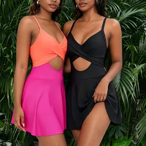 Women Cutout One Piece Skirt Swimsuit V Neck Wrap Tie Back Swimdress Tummy Control Bathing Suits Slimming Swimwear