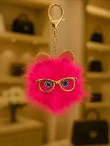 Cute Furry Monster Keychain with Glasses & Ears - Pink Faux Fur Quirky Glasses & Ears Lightweight Durable Keyring Clasp Fun Colors for Bags Keys or Decoration