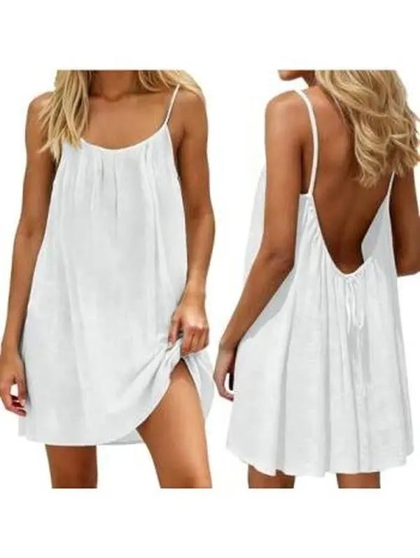 ELASWAVE Women's Backless Sleeveless Casual Cami  - Short Above-Knee Mini, Loose Flowy, Lightweight Smooth Breathable Solid Fabric, Chic Elegant Feminine Minimalist Basic for Summer Everyday Lounge Outdoor Wear beach style beautiful dress