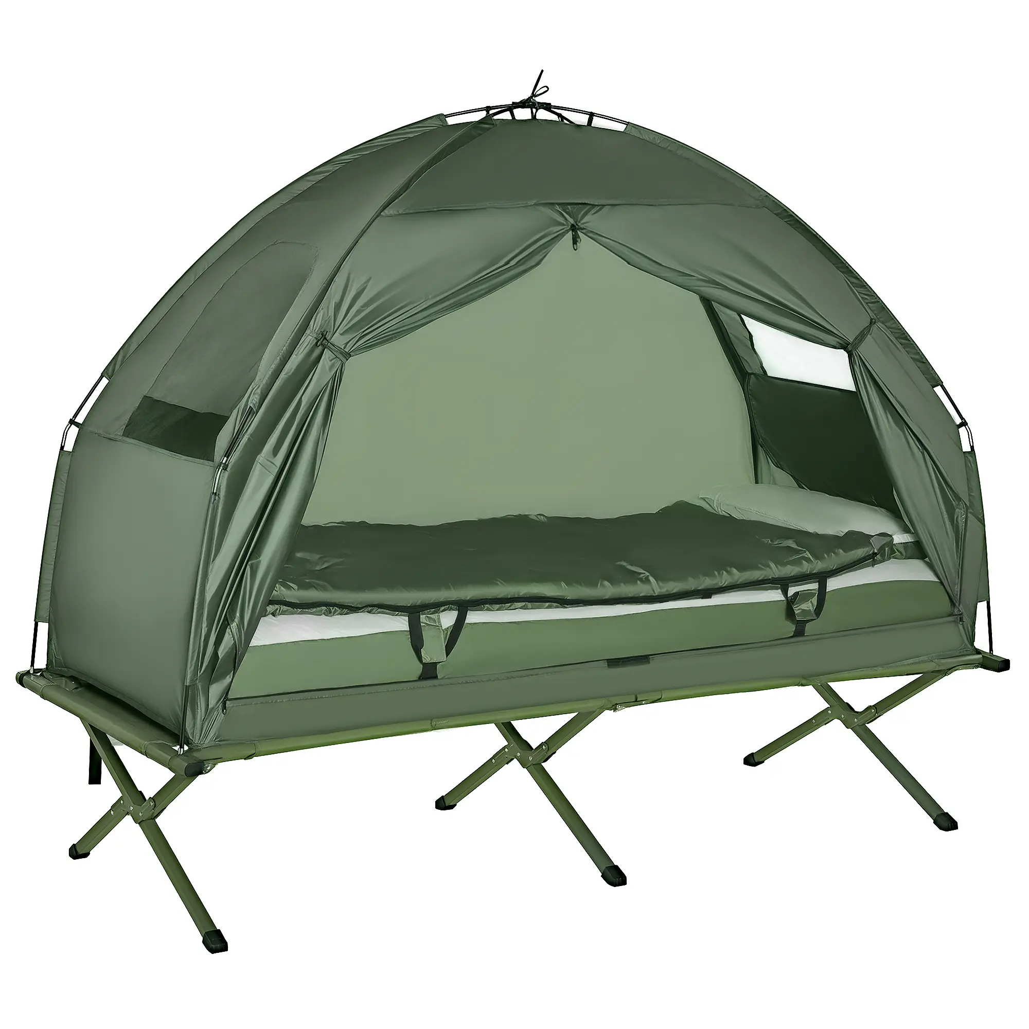 Night Cat Backpacking Tent 5 In 1 Folding Camping Cot For Backpackers And Hikers Includes Tent Sleeping Bag Air Mattress Foot Pump 250 Lbs