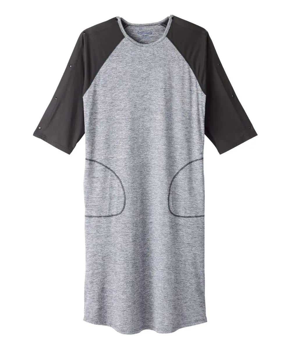 Men's Adaptive Post-Surgery Nightgown, Soft Knit Polyester Loungewear with Easy Access Snaps and Side Pockets, Sleeve, Spandex, Nightwear, Menswear, Stretchable, Recovery, Adaptive Fit, One-Handed Dressing