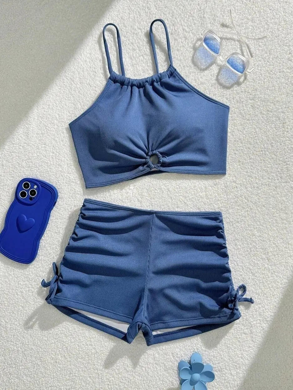 Teen Girl Solid Color Spaghetti Strap Bikini Set, High-Waist Two-Piece Bathing Suit with Bow Detail for Beach