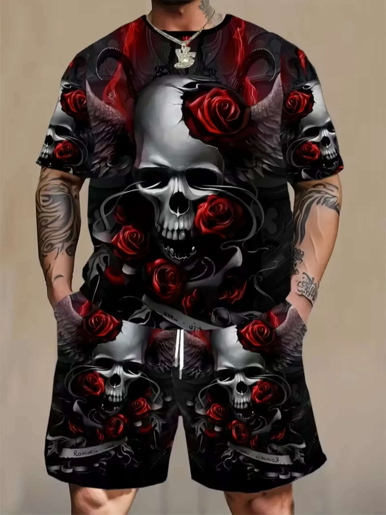Men's Fashion Casual Set, Matching Sets, 2-Piece Rose Skull Print, Short Sleeve Round Neck Crewneck T-Shirt & Drawstring Shorts with Pockets, Plus Size, All Seasons, Menswear, Clothes