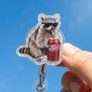 Raccoon Dr P333pper Badge Reel, Retractable ID Holder, Caffeine Humor ID Clip