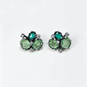 Vintage Green Floral Cluster Plug Earrings – Hypoallergenic Fashion Jewelry with Gift Box