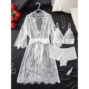 White Deep V-Neck Lace Semi-Sheer Lingerie Set for Women Ideal for Sleep and Lounging at Home