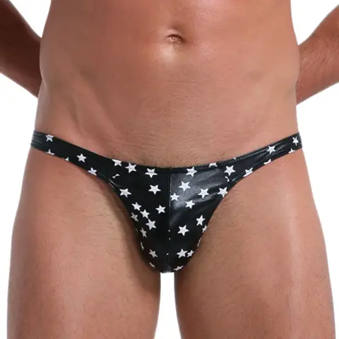 1pc Men's Faux Leather Printed Thong, Sequin Star Pattern & U-convex Design, Multi-color Stylish Underwear All Seasons Menswear
