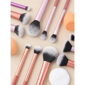 12pcs Multi-Functional Makeup Brush Set with Powder Blush Foundation Eyeshadow Blending Contour Brushes Oblique Cut Sponge Rounded Puff